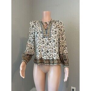 Shoshanna TAN FLORAL PAISLEY Printed Tie-Neck Puff Sleeve Blouse Top XS #158